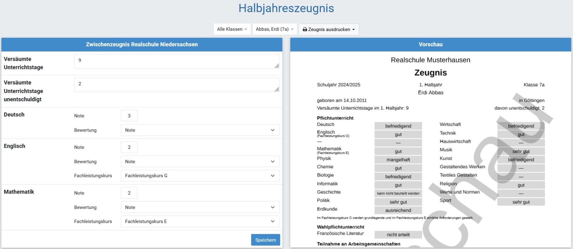 Erstellung eines Zwischenzeugnisses für die 7. Klasse Realschule in Niedersachsen